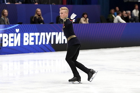 Matvey Vetlugin seen in action for the men's free skating program during the 2026 Channel One Figure Skating Cup at the Yubileyny Sports Palace. Final result 184.66