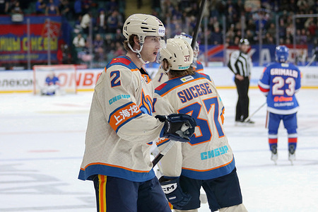 Wyatt Kalynuk (2) of Shanghai Dragons Hockey Club seen in action during the Hockey match, Kontinental Hockey League 2025/2026 between SKA Saint Petersburg and Shanghai Dragons China at the Ice Sports Palace. (Final score; SKA Saint Petersburg 4:1 Shanghai Dragons China).