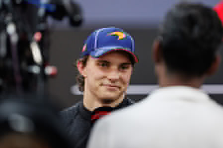Oscar Piastri of Australia seen conducting interviews after the sprint race ahead of the F1 Grand Prix of Singapore at the Marina Bay Street Circuit.
