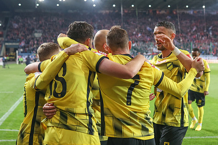 Players of Wieczysta Krakow celebrate after scoring goal during BETCLIC 1 POLISH LEAGUE 2025/2026 football match between Wieczysta Krakow and Wisla Krakow at Municipal Stadium. Final score; Wieczysta Krakow 1:1 Wisla Krakow.