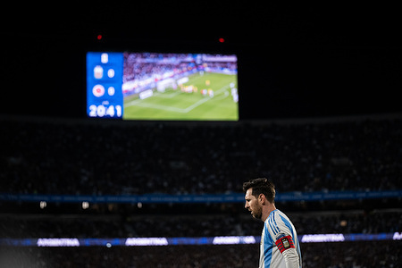 Lionel Messi of Argentina looks on during the FIFA World Cup 2026 South American Qualifier match between Argentina and Colombia at Estadio Más Monumental Antonio Vespucio Liberti. Final Score: Argentina 1:1 Colombia.