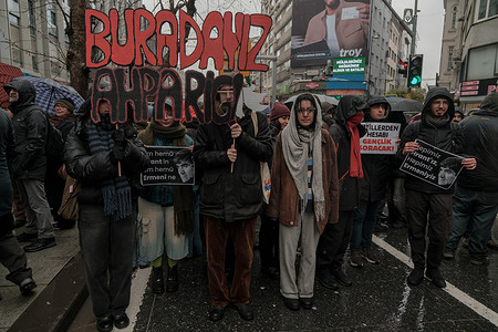 Participants gather at the site of the assassination to commemorate Hrant Dink. Hundreds of people gathered in front of the Istanbul office of Agos, an Armenian weekly newspaper published in Turkish, to commemorate the 19th anniversary of the assassination of Turkish-Armenian journalist Hrant Dink. Hrant Dink was killed in a shooting attack by Ogun Samast in front of the Agos newspaper office on January 19, 2007.