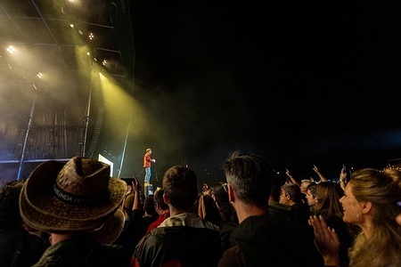 Lead singer Ricky Wilson of the British indie‑rock band Kaiser Chiefs performs during the third day of the Vilar de Mouros Festival.