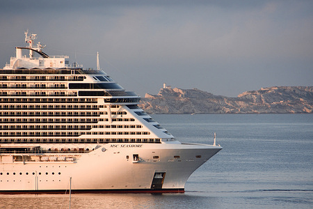 The liner “MSC Seashore” cruise ship arrives at the French Mediterranean port of Marseille.