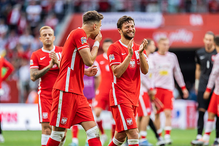 Jan Bednarek (L) and Bartosz Bereszynski (R) of Poland celebrate after the UEFA Nations League, League A Group 4 match between Poland and Wales at Tarczynski Arena. (Final score; Poland 2:1 Wales)