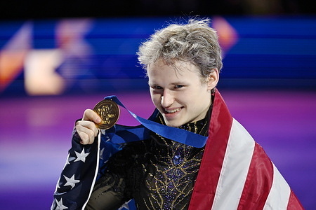 Gold medalist Ilia Malinin of United States seen during the medal ceremony for the Men competition during the ISU Figure Skating World Championships 2026 at the O2 Arena. ISU Figure Skating World Championships 2026 took place from 24th to 29th of March in Prague, Czech Republic.
