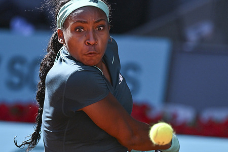 Coco Gauff of the United States against Linda Noskova of Czech Republic during the 2026 Mutua Madrid Open Women's match on Day 8 at La Caja Magica
