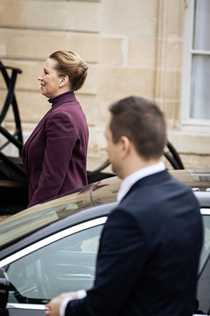 The Prime-Minister of Denmark Mette Frederiksen (L) and the Prime-Minister of Greenland Jens Frederik Nielsen (R) arrive at the Elysee Presidential Palace to meet with the French President Emmanuel Macron. The French President Emmanuel Macron met with the Prime-Minister of Denmark, Mette Frederiksen and the Prime-Minister of Greenland, Jens Frederik Nielsen at the Elysee Presidential Palace, in Paris, France.
