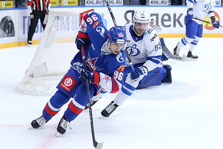 Semyon Demidov (96) of SKA, Pavel Kudryavtsev (85) of Dynamo Hockey Club seen in action during the Hockey match, Kontinental Hockey League 2025/2026 between SKA Saint Petersburg and Dynamo Moscow at the Ice Sports Palace. (Final score; SKA Saint Petersburg 1:4 Dynamo Moscow).
