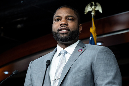 U.S. Representative Byron Donalds (R-FL) speaking at a House Freedom Caucus press conference at the U.S. Capito about the debt limit and the president's recently proposed budget.