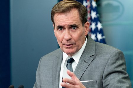 National Security Council Coordinator for Strategic Communications John Kirby speaking at a press briefing in the White House Press Briefing Room.