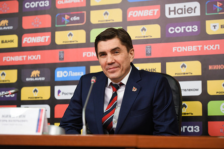 Head Coach Igor Nikitin of CSKA Moscow Hockey Club seen during the post-match press conference following the hockey match, Kontinental Hockey League 2025/2026, between CSKA Moscow and SKA Saint Petersburg at the CSKA Arena. (Final score: CSKA Moscow 3–2 SKA Saint Petersburg)
