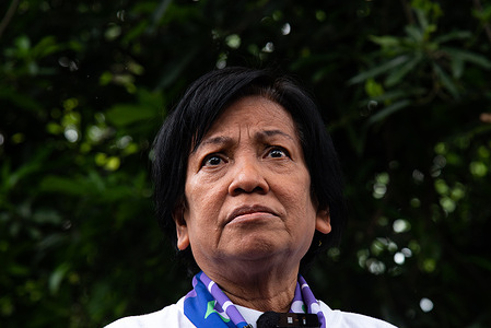 Anchan Preelert looks on during the press conference after her release from prison at the Central Women's Correctional Institution. 69-years-old Thai woman Anchan Preelert was released from prison after she was sentenced by the lese majeste law (article 112) since January 2015. Anchan served a total of 8 years in prison, of a 43 year sentence (which was halved from 87 years after she pleaded guilty).