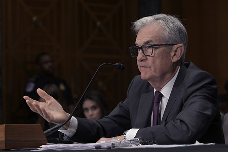 US Department of Federal Reserve Chairman Jerome Powell testifies before Senate on Banking, Housing, and Urban Affairs Committee about to examine the Semiannual Monetary Policy Report to the Congress during a hearing, at Dirksen Senate/Capitol Hill in Washington.