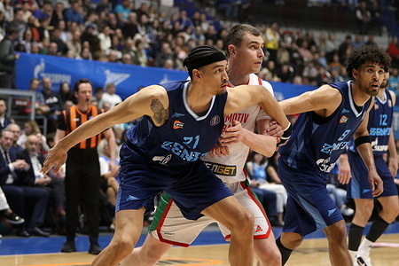 Anton Kvitkovskikh (16) of Lokomotiv Kuban, Ismael Bako (21), and Johnny Juzang (9) of Zenit in action during the VTB United League basketball match, Regular Season, between Zenit Saint Petersburg and Lokomotiv Kuban Krasnodar at "kck Arena". Final score; Zenit 72:81 Lokomotiv Kuban.