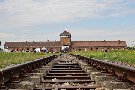 View of the entrance to the former Auschwitz II (Birkenau) extermination camp. The Red Army liberated Auschwitz-Birkenau, the largest Nazi concentration and extermination camp, on January 27, 1945. Over 1.1 million people, including nearly a million Jews, perished there.