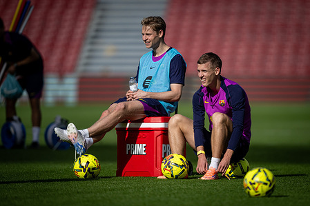 Frankie De Jong (FC Barcelona) and Dani Olmo seen during the FC Barcelona’s first training at Spotify Camp Nou following its renovation.