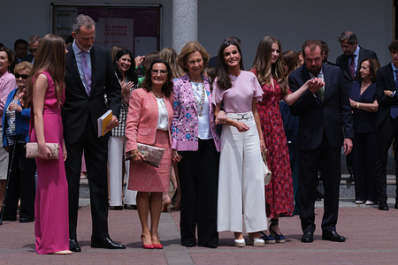 (L-R) King Felipe VI of Spain, Paloma Rocasolano, Princess Sofia, Queen Sofia, Queen Letizia of Spain, Crown Princess Leonor of Spain and Jesus Ortiz arrive for the confirmation of Princess Sofia of Spain at the Asuncion de Nuestra Señora Church in the municipality of Aravaca in Madrid.