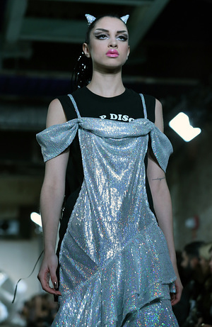 A model walks the runway at the NICOPANDA show during London Fashion Week September 2018 at The BFC Show Space.
NICOPANDA is the personal brand of style icon Nicola Formichetti known for his unparalleled creativity and jaw-dropping collaborations.