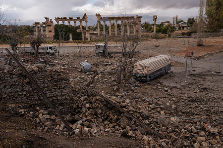 View of the damaged site from Israeli airstrike in front of Baalbek temple complex, a UNESCO World Heritage Site in Baalbek. Baalbek's ancient Roman temple complex, a UNESCO World Heritage Site, was near the impact of an Israeli airstrike. Hundreds petitioned for a "no-target zone" around the site, prompting UNESCO to hold an emergency session to protect Lebanese cultural heritage.