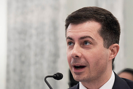 US Secretary of the Department for Transportation, Pete Buttigieg testifies before Senate Commerce, Sicience and Transportation Committee about to examine the President's proposed budget request for fiscal year 2023 for Department of Transportation, at Russell Senate/Capitol Hill in Washington.