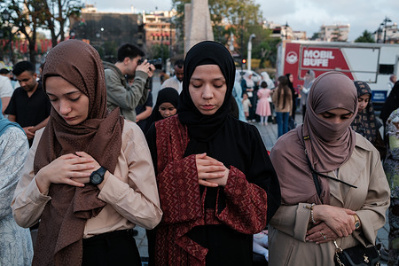 Women seen performing the Eid prayers at Sultanahmet Square. People gathered at the Hagia Sophia mosque for Eid al-Adha prayers. The crowd that did not fit in Hagia Sophia prayed in front of the mosque.