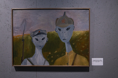 Painting by Andrey Kuzmin “Two Comrades Served” at the press preview of the exhibition “Pushkinskaya-10. Ark of the XXI century" in Manege. From the official press release: The Central Exhibition Hall "Manege", with the support of the Committee for Culture of St. Petersburg, opens the exhibition "Pushkinskaya-10. Ark of the 21st century." The exhibition project will present the collection of the Free Culture Partnership (Pushkinskaya-10), which was donated to the Manege Central Exhibition Hall in March 2023. The exhibition will feature more than 400 works - paintings, graphics, sculpture, art objects, photography, sound installations. The project will introduce the viewer to the phenomenon of St. Petersburg unofficial art, and will also show how the independent creative art community influenced the development of contemporary art in our city. The exhibition will consist of exhibition blocks uniting various artistic groups - the Arefievsky Circle, Gazanevshchina, TEII, Sterligov Circle, Mitki and others. Viewers will have the opportunity to learn the history of the legendary creative squat and see a multidimensional, diverse collection of works by nonconformist artists.