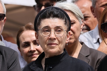 Former member of parliament and renowned Kurdish politician Leyla Zana at the funeral ceremony. Mehdi Zana, a famous Kurdish politician who was the first Mayor elected with a Kurdish identity in the Kurdish-populated city of Diyarbakir between 1977 and 1980 and was imprisoned for a total of 16 years for political reasons, died at the age of 86 in Diyarbakir. A ceremony was held for Mehdi Zana in front of the Diyarbakir Metropolitan Municipality building. At the ceremony, Mehdi Zana's wife, former member of parliament and renowned Kurdish politician Leyla Zana, accepted condolences.