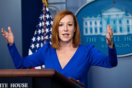 White House Press Secretary Jen Psaki speaks at a press briefing in the White House Press Briefing Room.