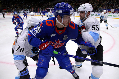 SKA Hockey Club player, Mikhail Vorobyov (No.42) and Dinamo Hockey Club player, Iliya Sushko (No.55), Igor Martynov (No.70) seen in action during the Kontinental Hockey League, Gagarin Cup, match 5, 1/4 finals of the Western Conference season KHL 2022 - 2023 between SKA Saint Petersburg and Dinamo Minsk at the Ice Sports Palace.
(Final score; SKA Saint Petersburg 6:3 Dinamo Minsk)