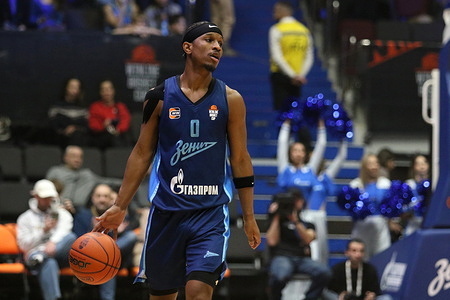 Trent Frazier (0) of Zenit in action during the WINLINE Basket Cup, basketball match between Zenit Saint Petersburg and Igokea M:Tel Republika Srpska in Bosnia and Herzegovina at "kck Arena". Final score; Zenit Saint Petersburg 103:72 Igokea M:Tel Republika Srpska