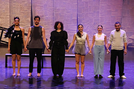 The performers of the “Feathers” dance are seen greeting the audience after the show. The Shaden Dance Company from Palestine performed its dance piece titled “Feathers” at the 11th Amed International Theater Festival, organized by the Diyarbakir Metropolitan Municipality and the Amed City Theater in the city of Diyarbakir, Turkey. The dance play, written and directed by Shaden Abu Elasal, features Anan Abu Jaber, Maria (Masha) Seman, Haya Khourieh, and Sameha Abbas. The play explores how power shapes our identity, influences our perceptions of beauty and goodness, and drives a person from love to hatred.