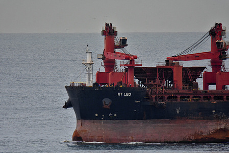 View of the RT LEO arriving in Marseille. The self discharging bulk carrier ship RT LEO arrives at the French Mediterranean port of Marseille.
