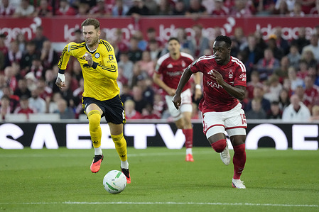 Arnaud Kalimuendo of Nottingham Forest and Joe Rodon of Leeds United seen in action during the EFL Carabao Cup 2nd round football match between Nottingham Forest and Leeds United at the City Ground. Final score: Nottingham Forest 0 : 2 Leeds United