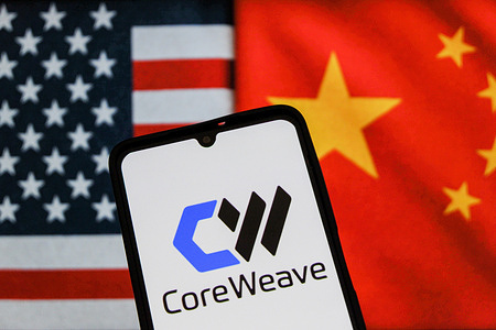 In this photo illustration, the CoreWeave is an American AI cloud-computing startup logo is seen displayed on a smartphone screen with the flag of the United States of America and the flag of China in the background.
