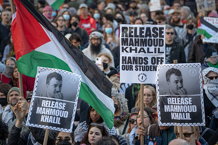 Protestors hold up signs demanding the release of Mahmoud Khalil at Foley Square. A Columbia University graduate and Palestinian activist, Mahmoud Khalil was arrested on Saturday and received a temporary reprieve from deportation by U.S. Immigration and Customs Enforcement (ICE) due to a federal judge's intervention.