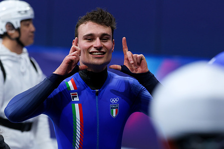 Pietro Sighel of Italy competes during the Short Track Speed Skating Final A Mixed Team Realy of the Milano Cortina 2026 Winter Olympics at Milano Ice Skating Arena in Milan.