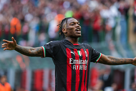 Rafael Leao of AC Milan celebrates after scoring a goal during the Serie A 2022/23 football match between AC Milan and US Lecce at San Siro Stadium. Final score; Milan 2:0 Lecce.