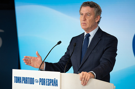 The president of the People's Party, Alberto Núñez Feijoo attends a press conference at the national headquarters of the People's Party.