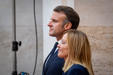 Italian Prime Minister Giorgia Meloni and the President of the French Republic, Emmanuel Macron are seen at Palazzo Chigi.