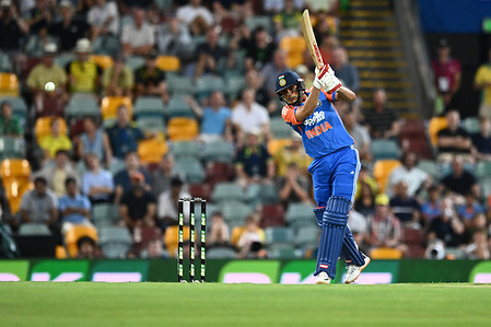 Shubman Gill of India seen in action during the 5th and final game of the BKT Tyre’s Men’s T20I series between India and Australia at the Gabba. Final score Game 5 washed out after 4 . 5 overs. India win the series 2 : 1.