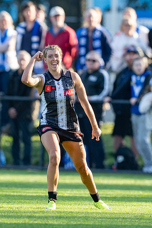 Kalinda Howarth of Collingwood celebrates after scoring a goal during the AFLW Round 4 game between North Melbourne and Collingwood, Arden Street Oval. Final score: North Melbourne 58 - Collingwood 13