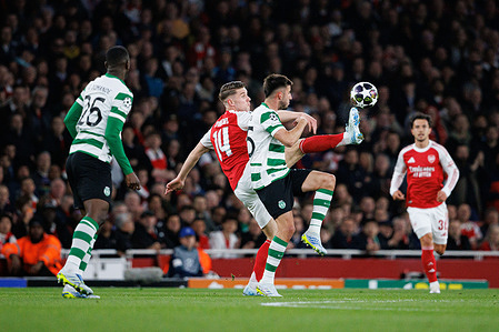 Viktor Gyokeres (Arsenal FC) and Goncalo Inacio (Sporting CP) seen in action during UEFA Champions League quarterfinal game between teams of Arsenal FC and Sporting CP at Emirates Stadium. Arsenal FC 0 - 0 Sporting CP