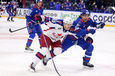 CSKA Hockey Club player, Pavel Karnaukhov (15) and SKA Hockey Club player, Grigory Gryaznov (80) seen in action during the Kontinental Hockey League, regular season KHL 2023 - 2024 between SKA Saint Petersburg and CSKA Moscow at the Ice Sports Palace.
(Final score; SKA Saint Petersburg 2:1 CSKA Moscow)