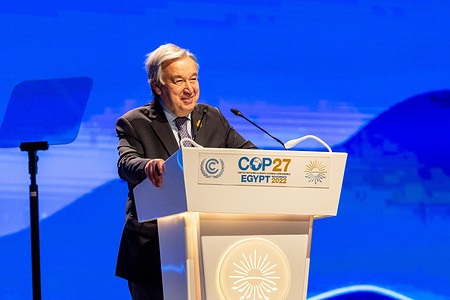 UN Secretary-General, António Guterres speaks at the launch of Climate TRACE Greenhouse Gas Inventory on the fourth day of the COP27 UN Climate Change Conference, held by UNFCCC in Sharm El-Sheikh International Convention Center. COP27, running from November 6 to November 18 in Sharm El Sheikh focuses on implementation of measures already agreed during previous COPs. The Conference in Sharm El Sheikh focuses also on the most vulnerable communities as the climate crisis hardens life conditions of those already most disadvantaged.