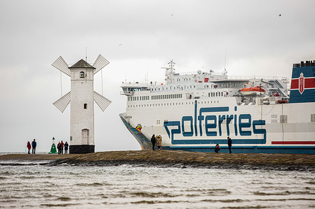 MS Cracovia, a passenger and car ferry, departs from the Port of Swinoujscie. The Port of Swinoujscie is a Polish seaport in the Baltic Sea.