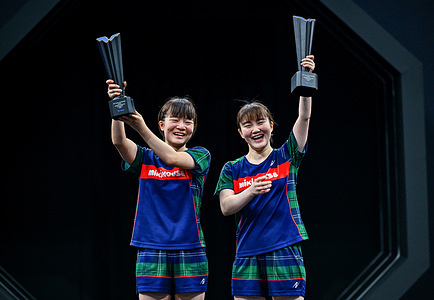 Champion Sakura Yokoi and Satsuki Odo of Japan pose during the awarding ceremony after the women's Doubles final match against Hitomi Sato and Saki Shibata of Japan at the WTT Star Contender Doha 2026 at the Lusail Sports Arena.Sakura Yokoi and Satsuki Odo won over Hitomi Sato and Saki Shibata 3-0