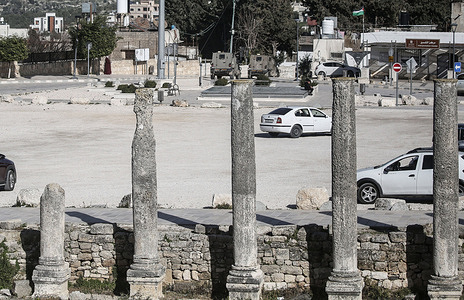 Israeli military vehicles raid the archaeological site in the village of Sebastia, west of Nablus in the West Bank. The Israeli government has opened the door to the confiscation of 1,800 dunams of land in Sebastia, claiming it is designated for the construction of a park owned by Jews.