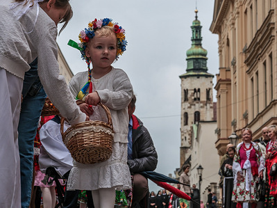 A girl picks flower petals as she walks in the procession of the Holy Body and Blood of Christ in the Old Town of Krakow. Traditional procession of Catholic Church has a very important place in Polish religious calendar. Bishop Grzegorz Rys walked during the procession of Polish Catholic Church hierarchy.