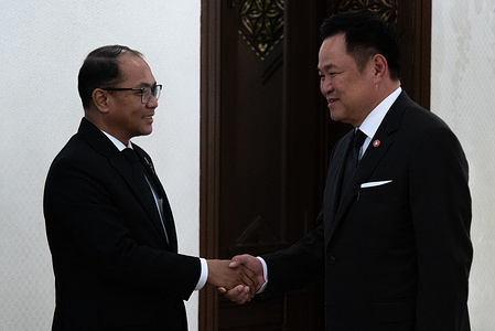 Myanmar Foreign Minister Tin Maung Swe (L) seen shaking hands with Thailand's prime minister Anutin Charnvirakul (R) during the meeting at the Government House. Myanmar Foreign Minister Tin Maung Swe visits Thailand to attend the Informal Meeting of ASEAN Foreign Ministers, which includes the Informal Consultation on Myanmar.